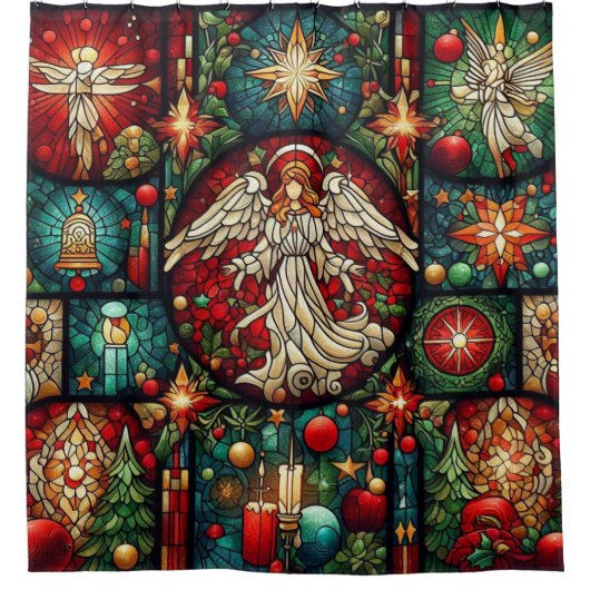 Kerst Glas in lood douchegordijn (Voorkant)