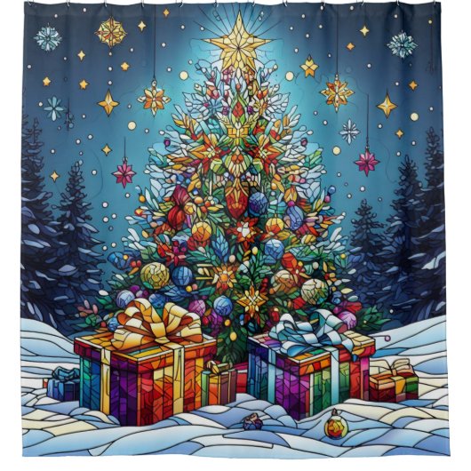 Kerst Glas in lood douchegordijn (Voorkant)