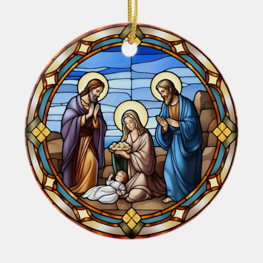 Kerst Glas in lood Geboorte Scène Keramisch Ornament (Voorkant)