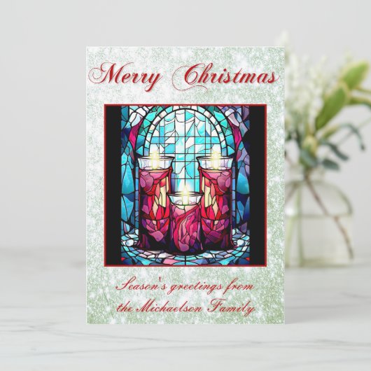 Kerst Glas in lood Kaarsen Groene Glitter Feestdagenkaart (Staand voorkant)