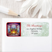 Kerst Glas in lood open haard Groen Glitter Etiket (Insitu)