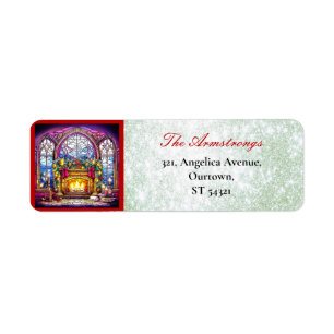 Kerst Glas in lood open haard Groen Glitter Etiket