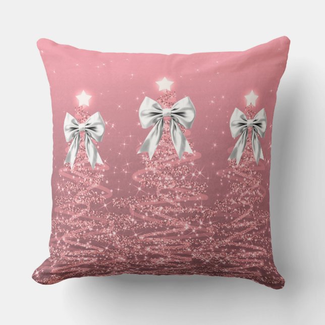 Kerst glinsterende bomen Blush Roze Nep witte stri Kussen (Voorkant)