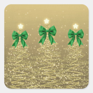 Kerst glinsterende bomen goud namaak groene strik vierkante sticker