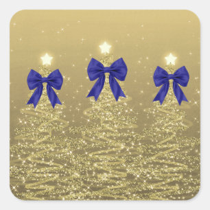 Kerst glinsterende bomen goud namaak navy strik vierkante sticker