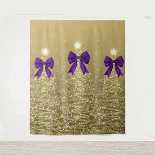 Kerst glinsterende bomen goud namaak paarse strik wandkleed (Voorkant)