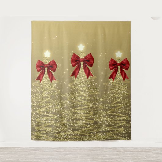 Kerst glinsterende bomen goud neps rode strik  wandkleed (Voorkant)