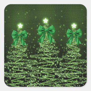 Kerst glinsterende bomen groen namaak lint vierkante sticker