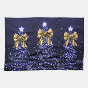 Kerst glinsterende bomen marineblauw nepgouden str theedoek