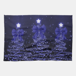 Kerst glinsterende bomen Navy Blue namaak lint Theedoek