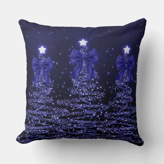 Kerst glinsterende bomen Navy Blue Neppe Boog Kussen (Voorkant)
