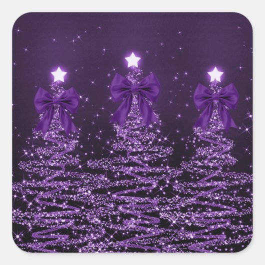 Kerst glinsterende bomen paarse nepbouw vierkante sticker (Voorkant)