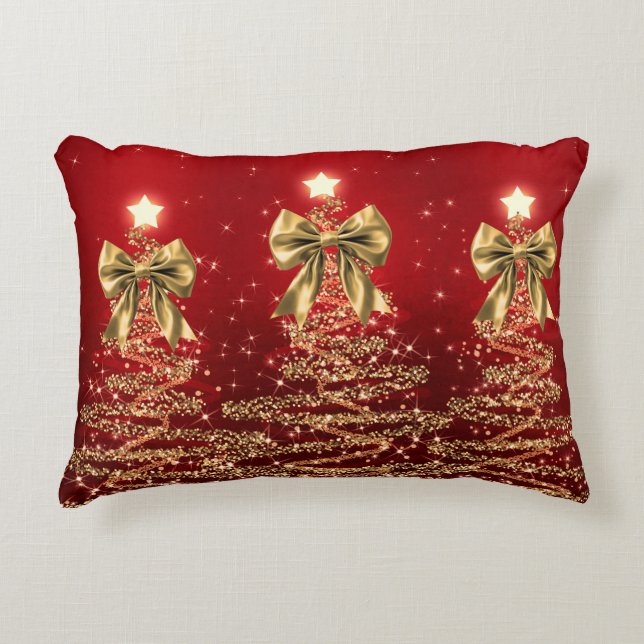 Kerst glinsterende bomen rood goud namaak lint accent kussen (Voorkant)