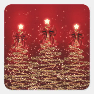 Kerst glinsterende bomen rood goud namaak lint vierkante sticker