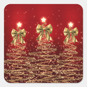 Kerst glinsterende bomen rood goud namaak lint vierkante sticker