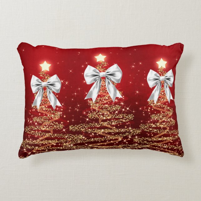Kerst glinsterende bomen Rood Goud Zilver Boog Accent Kussen (Voorkant)