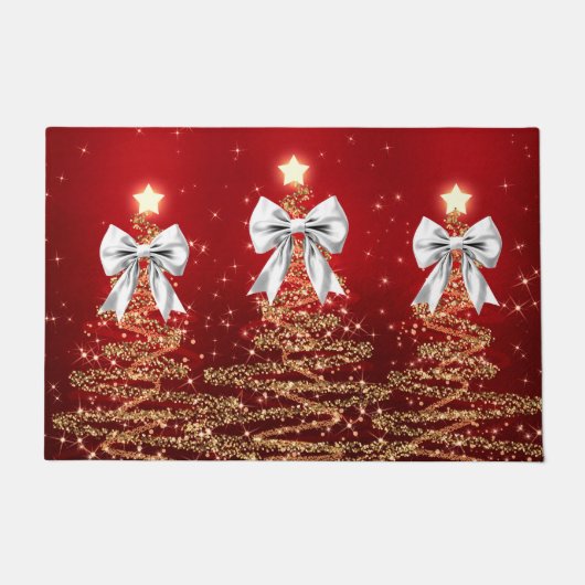 Kerst glinsterende bomen Rood Goud Zilver Boog Deurmat (Voorkant)