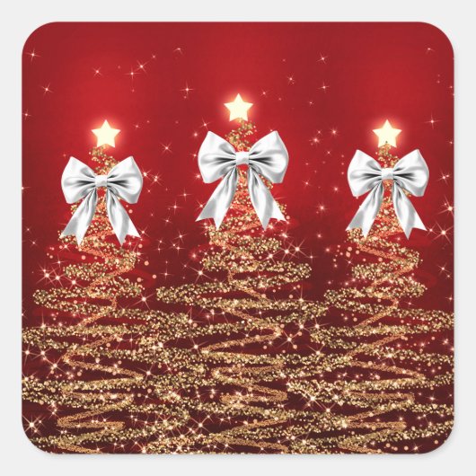 Kerst glinsterende bomen rood goud zilver boog vierkante sticker (Voorkant)