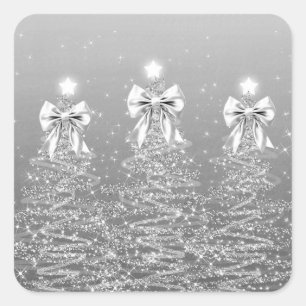 Kerst glinsterende bomen Zilveren namaak lint Vierkante Sticker