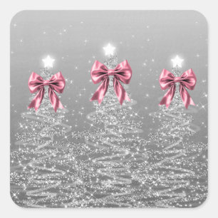 Kerst glinsterende bomen zilveren nepbontroos vierkante sticker