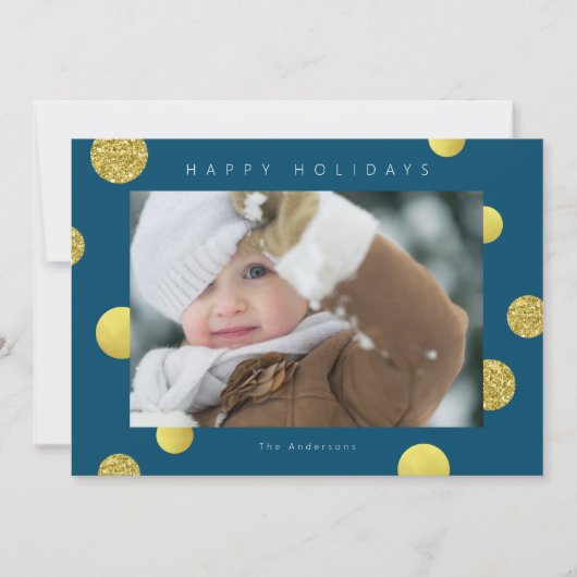 Kerst Glitter Fotokaart - Gouden Stippen Blauw Feestdagenkaart (Voorkant)
