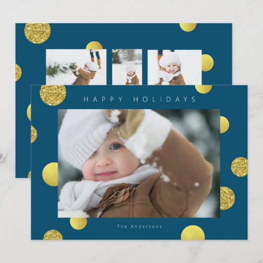 Kerst Glitter Fotokaart - Gouden Stippen Blauw Feestdagenkaart (Voorkant / Achterkant)