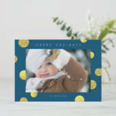 Kerst Glitter Fotokaart - Gouden Stippen Blauw Feestdagenkaart (Staand voorkant)