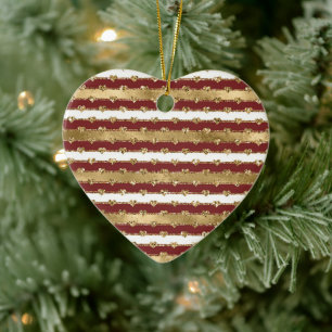 Kerst Glitter Gouden Rode Harten Stripes Keramisch Ornament