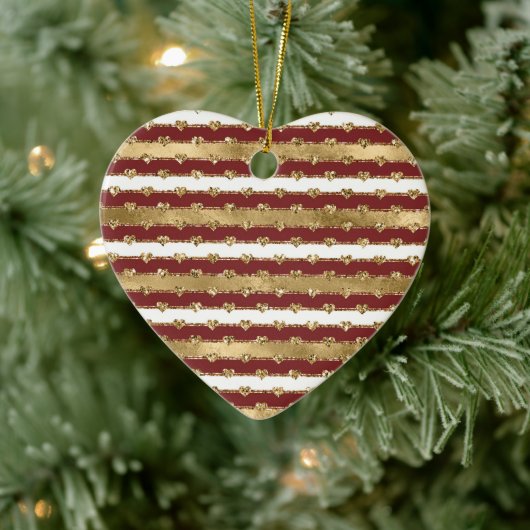 Kerst Glitter Gouden Rode Harten Stripes Keramisch Ornament (Boom)
