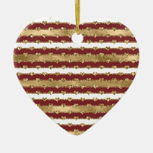 Kerst Glitter Gouden Rode Harten Stripes Keramisch Ornament (Voorkant)