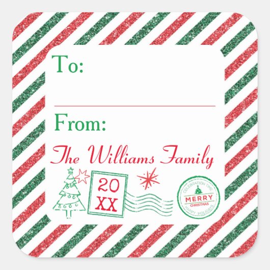 Kerst Glitter Luchtpost Postzegel Cadeau Labels (Voorkant)