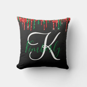 Kerst Glitter Monogram op zwart Kussen