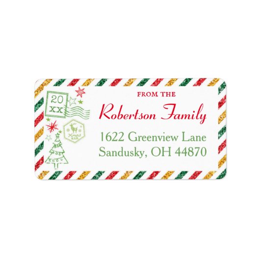 Kerst Glitter Vintage Luchtpost Verzendlabel Etiket (Voorkant)