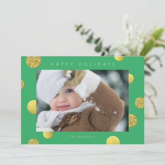 Kerst glitters fotokaart - Gouden stippen groen Feestdagenkaart (Staand voorkant)