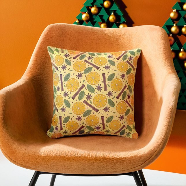 Kerst glühwein kruidig helder geel kussen (Christmas mulled wine spicy bright yellow throw pillow)