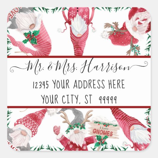 Kerst Gnome Herten Antler Rode Waterverf Adres Vierkante Sticker (Voorkant)