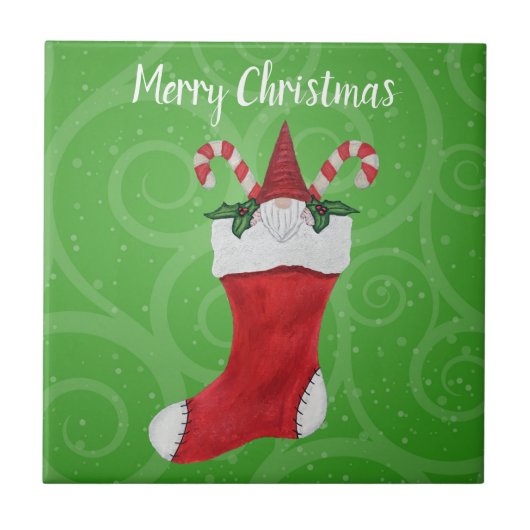 Kerst Gnome Met Baard In Stocking Candy Canes Tegeltje (Voorkant)