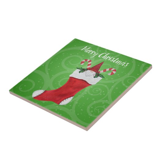 Kerst Gnome Met Baard In Stocking Candy Canes Tegeltje (Zijkant)