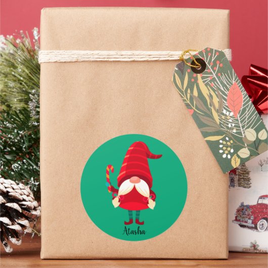 Kerst Gnome met een snoepriet Ronde Sticker (Feestdagen)