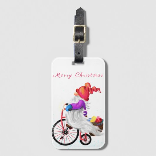 Kerst Gnome met fiets en cadeau Bagagelabel (Voorkant (verticaal))