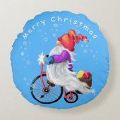 Kerst Gnome met fiets en geschenk rond kussen (Voorkant)