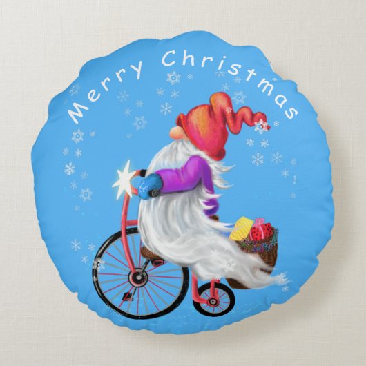 Kerst Gnome met fiets en geschenk rond kussen (Achterkant)