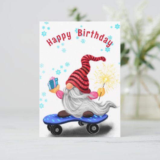 Kerst Gnome met Gift Funny Birthday Kaart (Staand voorkant)