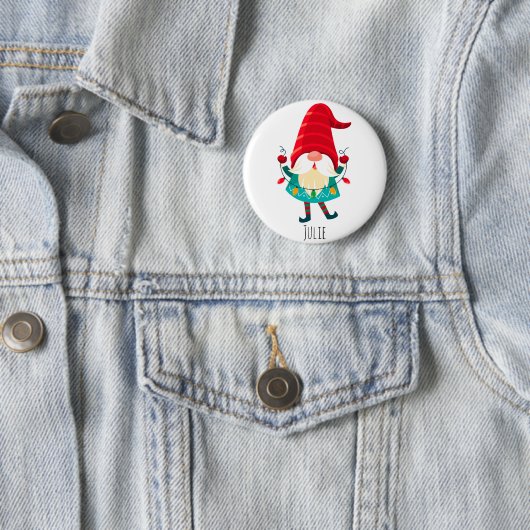Kerst Gnome met kerstverlichting Ronde Button 5,7 Cm (In situ)