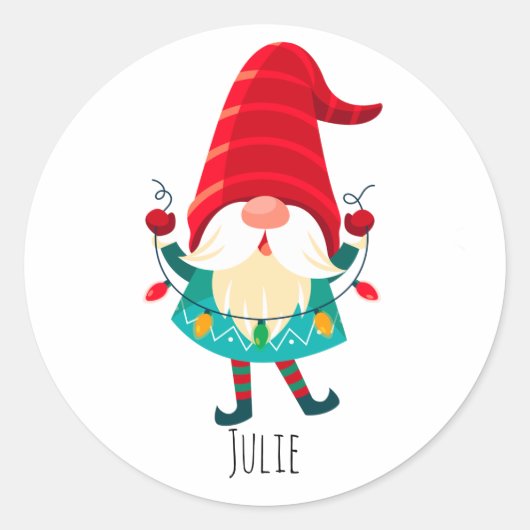 Kerst Gnome met kerstverlichting Ronde Sticker (Voorkant)