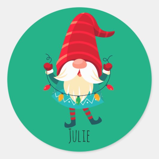 Kerst Gnome met kerstverlichting Ronde Sticker (Voorkant)