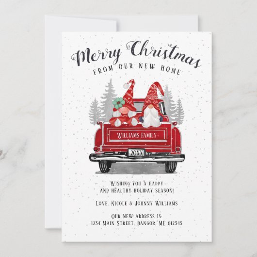 Kerst Gnome Paar  Rode Vrachtwagen Verhuizen Aankondiging (Voorkant)