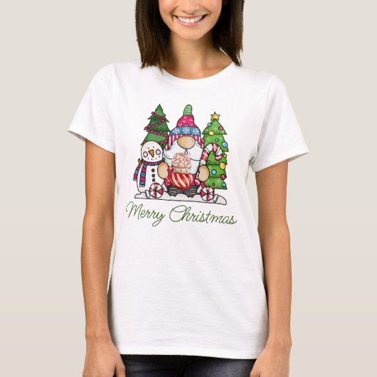 Kerst Gnome Sneeuwman Graphic Print T-shirt, Vakan T-shirt (Voorkant)