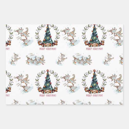 Kerst Gnome Wrapping Papier Set van 3 Inpakpapier Vel (Voorkant)