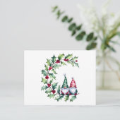 Kerst Gnomen op Holly Berry Twig Briefkaart (Staand voorkant)